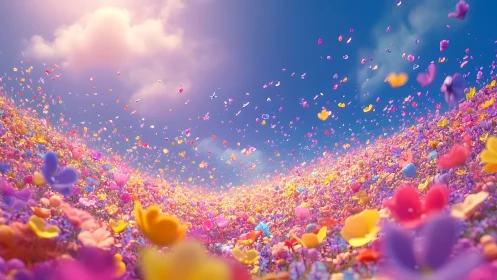 Cascading Flower Petals Float Through Luminous Sky.