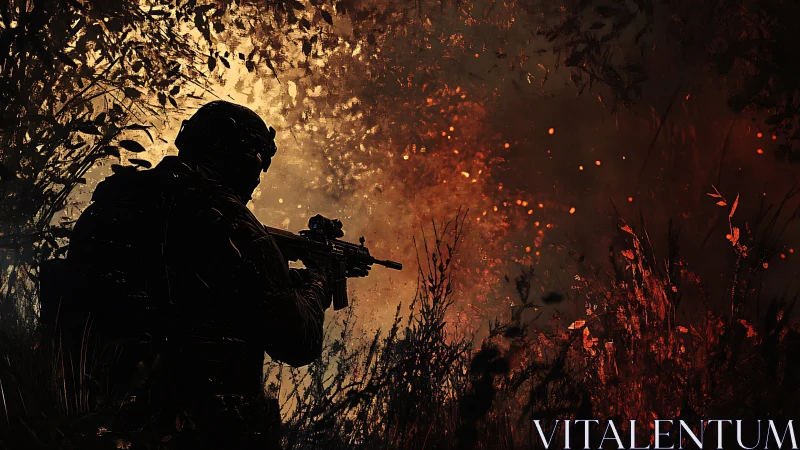 Tactical soldier silhouette in burning foliage under backlight