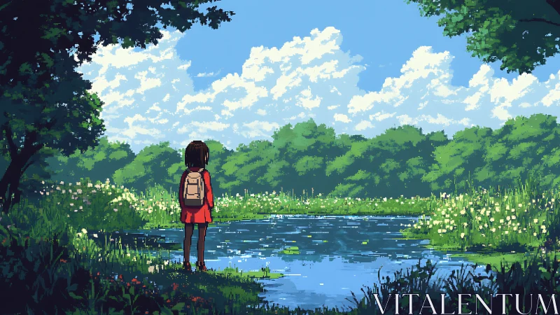 Child with backpack observes reflective pond in pixel scene