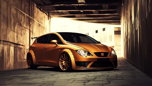 Widebody orange hot hatch in tunnel with dramatic sidelighting