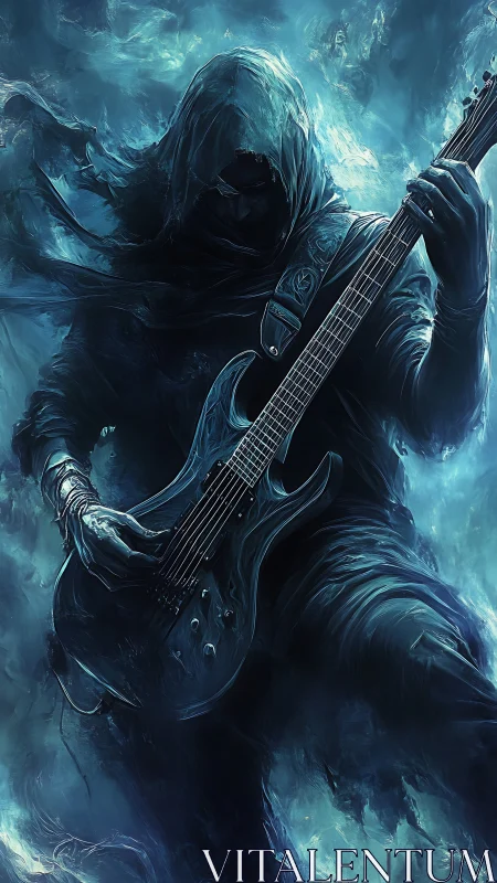 Hooded spectral guitarist rendered in turbulent cyan energy field