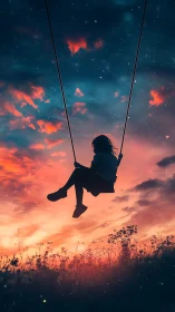 Silhouette of child on swing is set against dusk sky