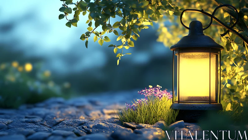 Garden lantern illuminating cobblestone path at dusk.