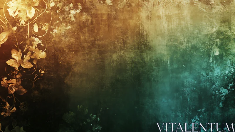 Floral ornament overlays textured brown to teal gradient