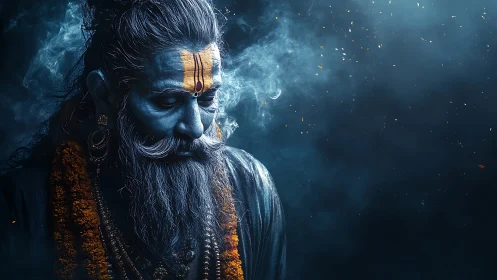 Mystic blue holy man stands in quiet incense filled night