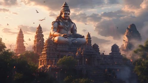 Colossal Shiva sculpture above ornate Dravidian stone temple at dusk