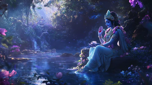 Divine blue figure meditating by luminous river in dense forest