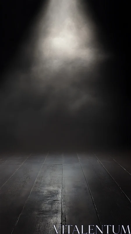Lone theater spotlight kissing a moody wooden stage floor.