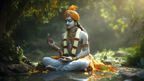 Serene riverbank deity in saffron light and jeweled calm.