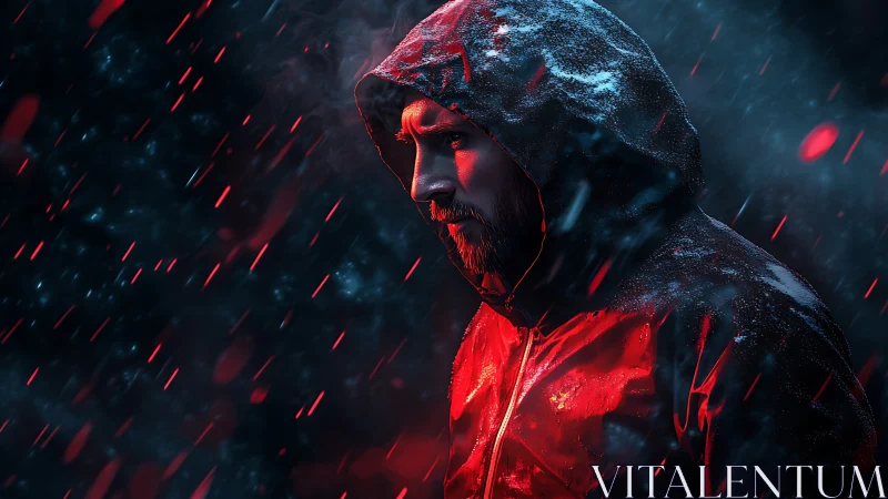 Hooded man in neon red rain, cinematic night storm profile.