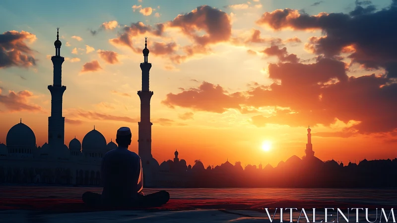 Silhouette of seated figure before mosque at low sun