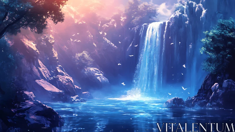 Digital landscape of waterfall, cliffs and blue river basin.