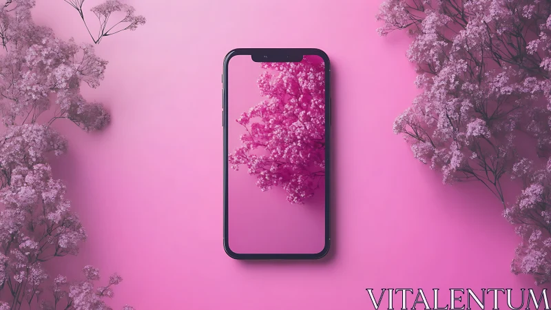Monochrome magenta smartphone reflection with floral parallax.