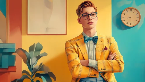 Young man in yellow plaid suit against color block wall.