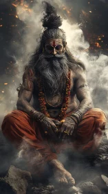 Digital painting of seated ascetic in dramatic smoky chiaroscuro.