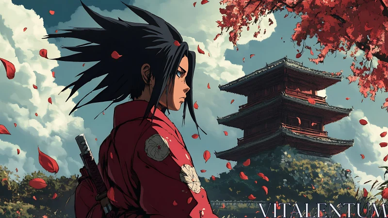 Samurai youth stands resolute beneath falling crimson petals