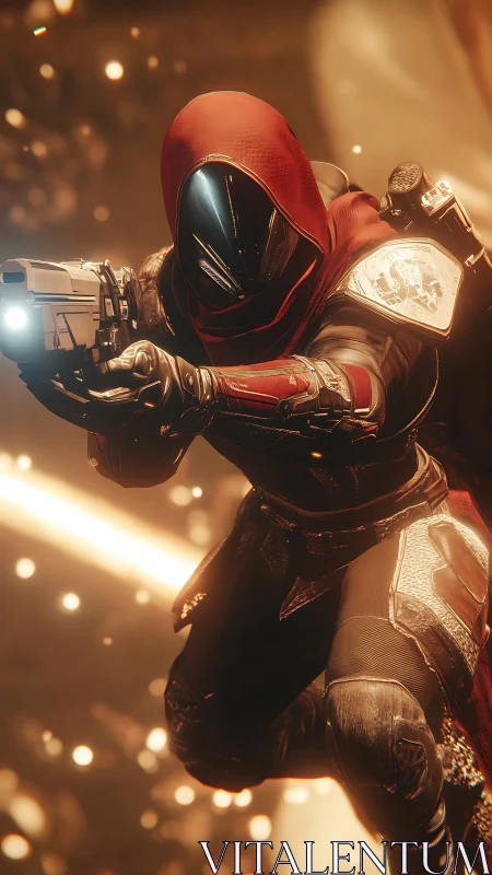Armored sci‑fi marksman in mid‑air pose under warm bokeh lighting