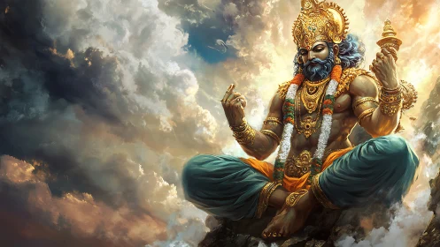 Divine warrior deity seated in clouds above dramatic sky