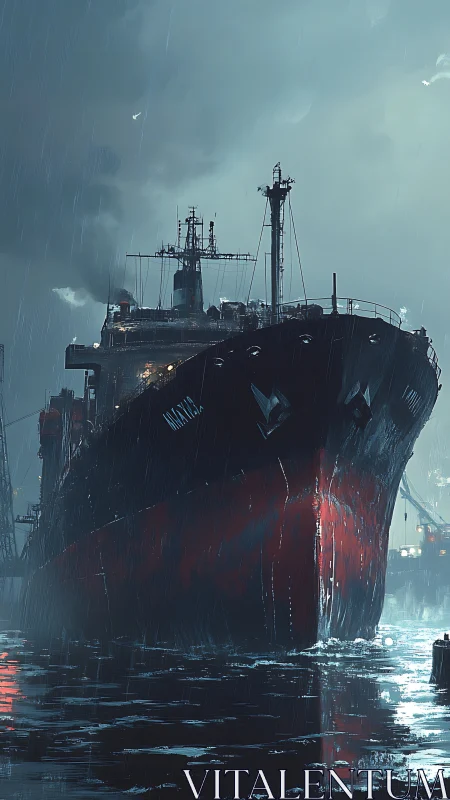 Rain-soaked cargo vessel dominates a storm-lit industrial harbor