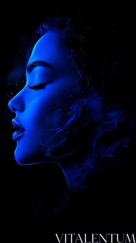 Neon blue female profile in dramatic side-lit silhouette.