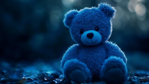 Low-key blue plush teddy bear on ground with bokeh background.