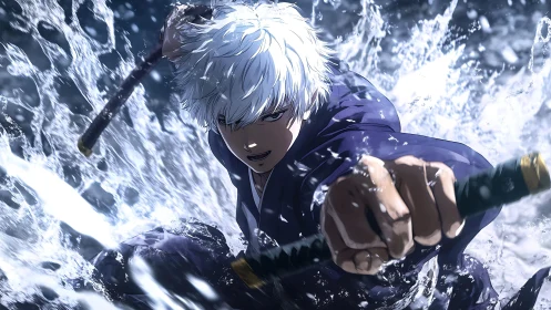 Dynamic anime swordsman in water-splashed action composition.
