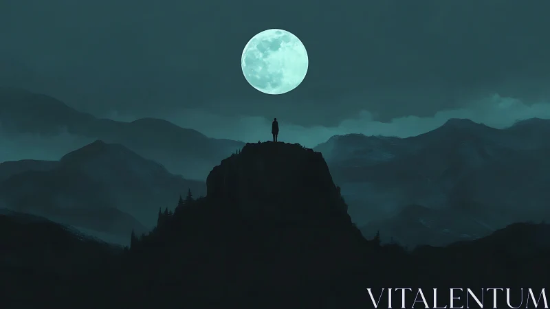 Lone dreamer on a moonlit mountain peak at quiet night.