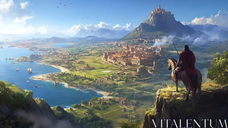 Sunlit coastal kingdom watched by a lone returning rider.