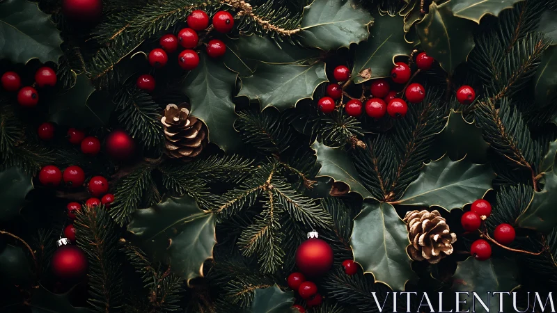 Holly leaves, red berries, pine branches and ornaments fill frame