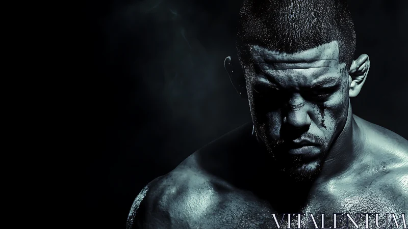 Muscular male subject is photographed in low key lighting