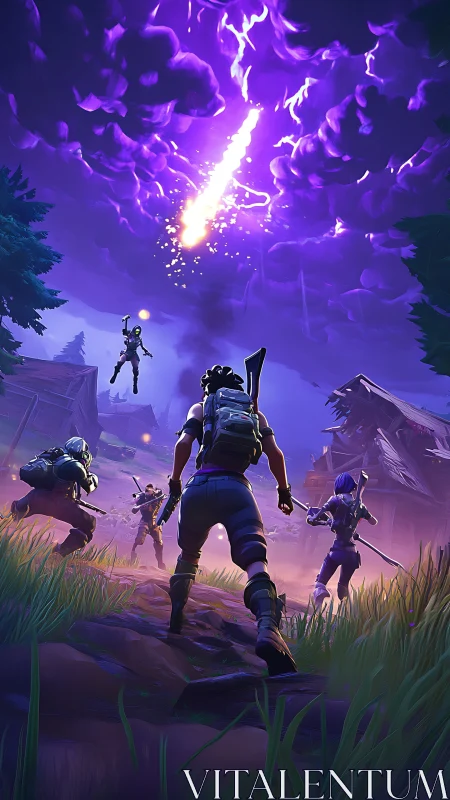Squad races toward falling meteor under electrified storm sky.