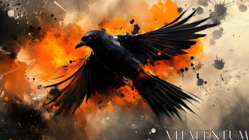 Ink-feathered raven erupts through wildfire splashes of light