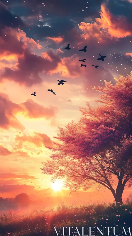 Radiant sunset tree glows as birds drift across vivid sky