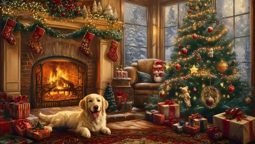 Golden retriever curling up by a glowing Christmas hearth.