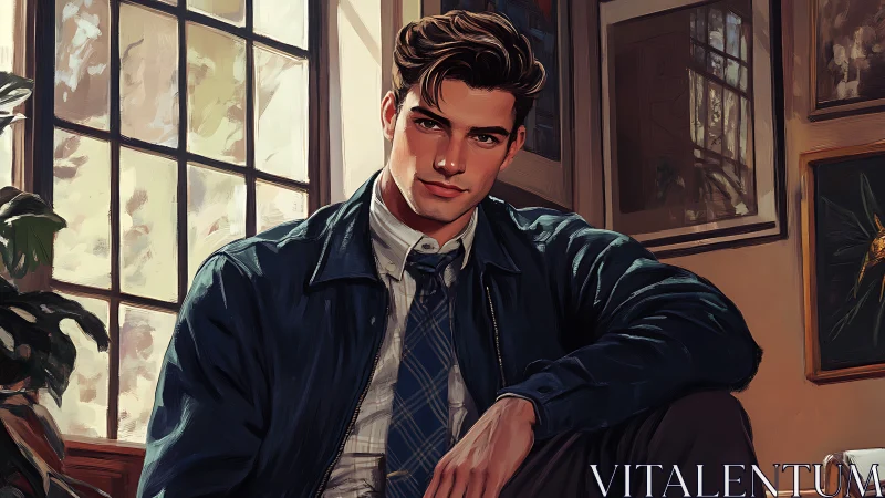 Interior portrait of seated young man in painterly daylight.