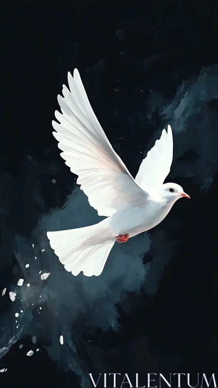 White dove ascends through abstract midnight brushwork.