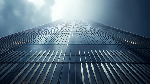 Glass-clad skyscraper facade vanishing into luminous fog.