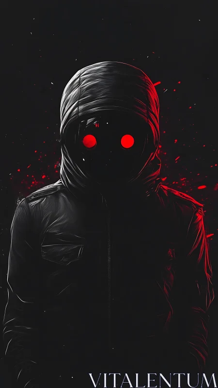 Hooded figure with red glowing eyes stands in dark void