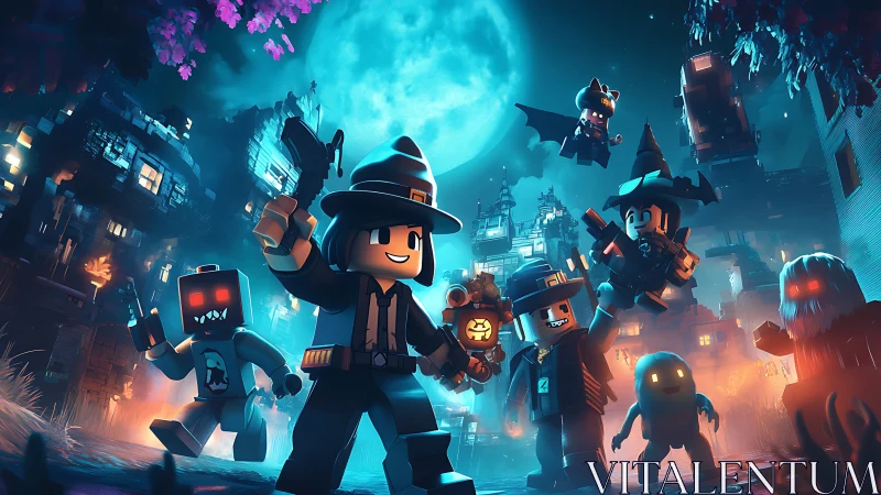 Lego style Halloween characters explore neon lit spooky city