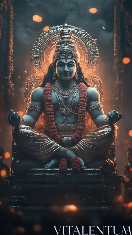 Highly detailed blue deity statue rendered with volumetric lighting