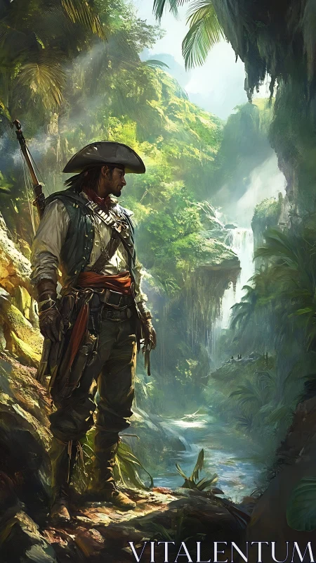 Heavily armed explorer overlooking dense tropical waterfall canyon