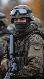 Camouflaged soldier stands watch in autumn battlefield hush.