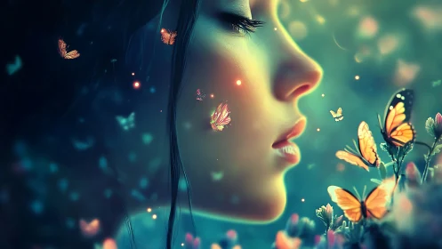 Profile portrait immerses in luminescent butterflies and bokeh haze
