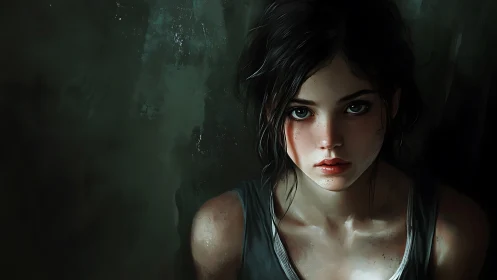 Low-key digital portrait of bruised girl in cinematic chiaroscuro.