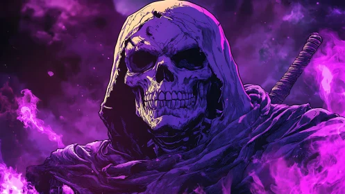 Hooded skeletal warrior in neon magenta vapor with detailed linework
