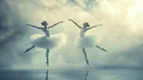 Two ballet dancers in mirrored leap against fogged backdrop.