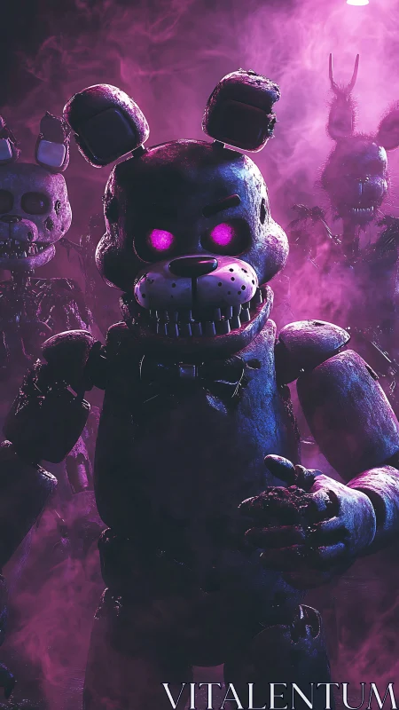 Glowing-eyed killer animatronic rabbit stalks through purple fog