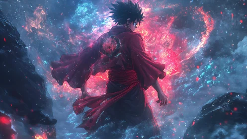 Figure stands in red robe within swirling red-blue energy field