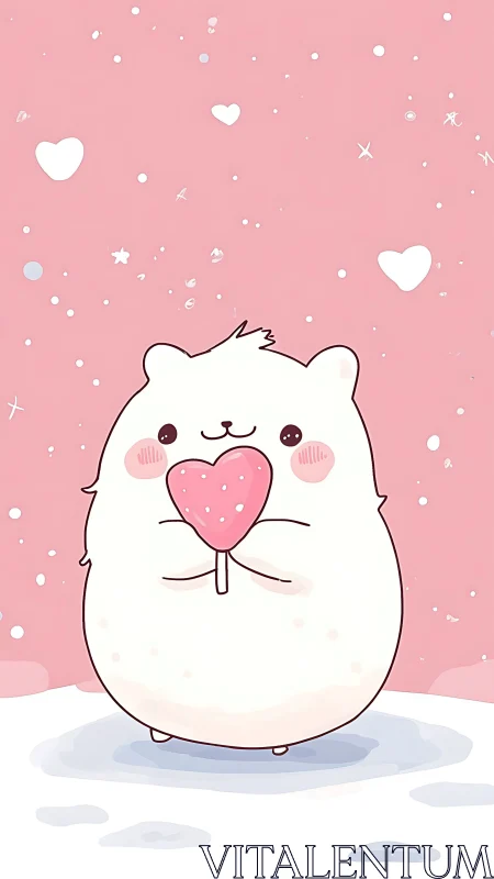 Sweet little hamster shares a pink heart lollipop with love