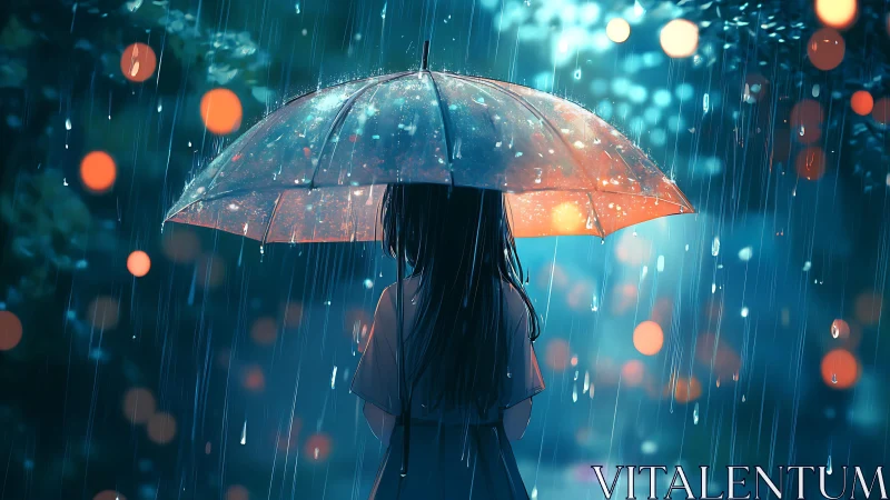 Backlit girl under translucent umbrella in nocturnal rain